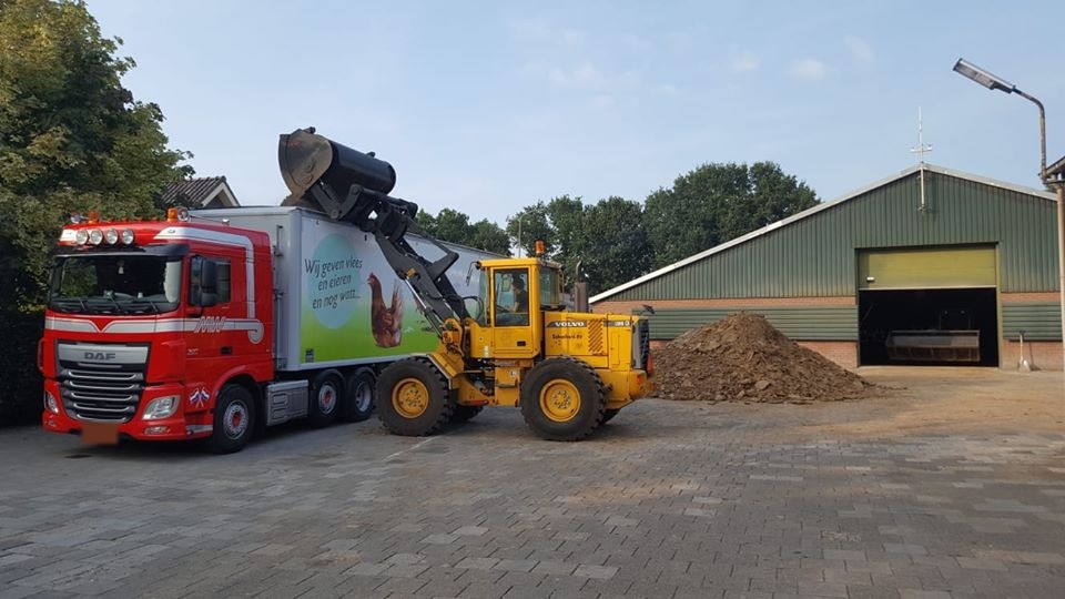Gele Volvo shovel laadt grond in een vrachtwagen op de werf